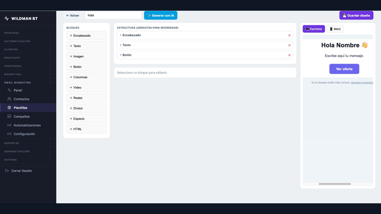 Editor de Email marketing con IA