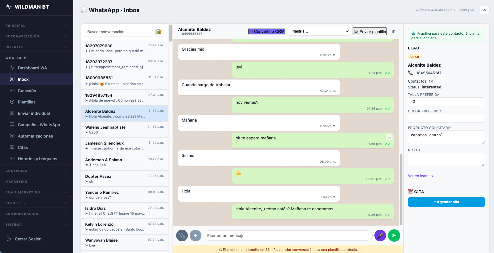 Inbox de WhatsApp con la IA respondiendo a clientes reales